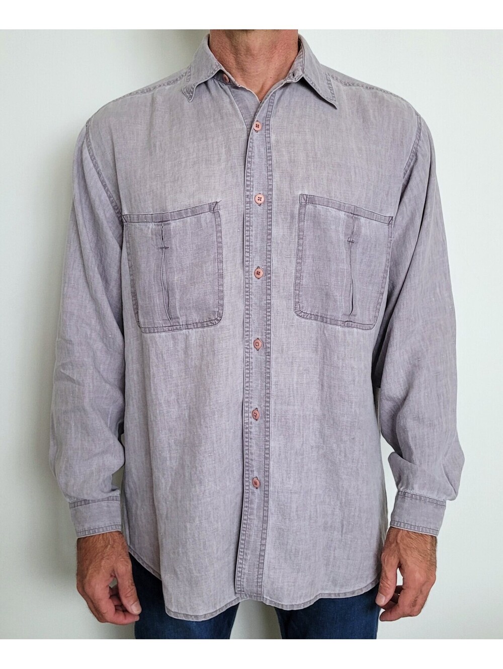 Winston Woods Men's Medium Gray 100% Linen Button Shirt Sleeve Dual Pocket